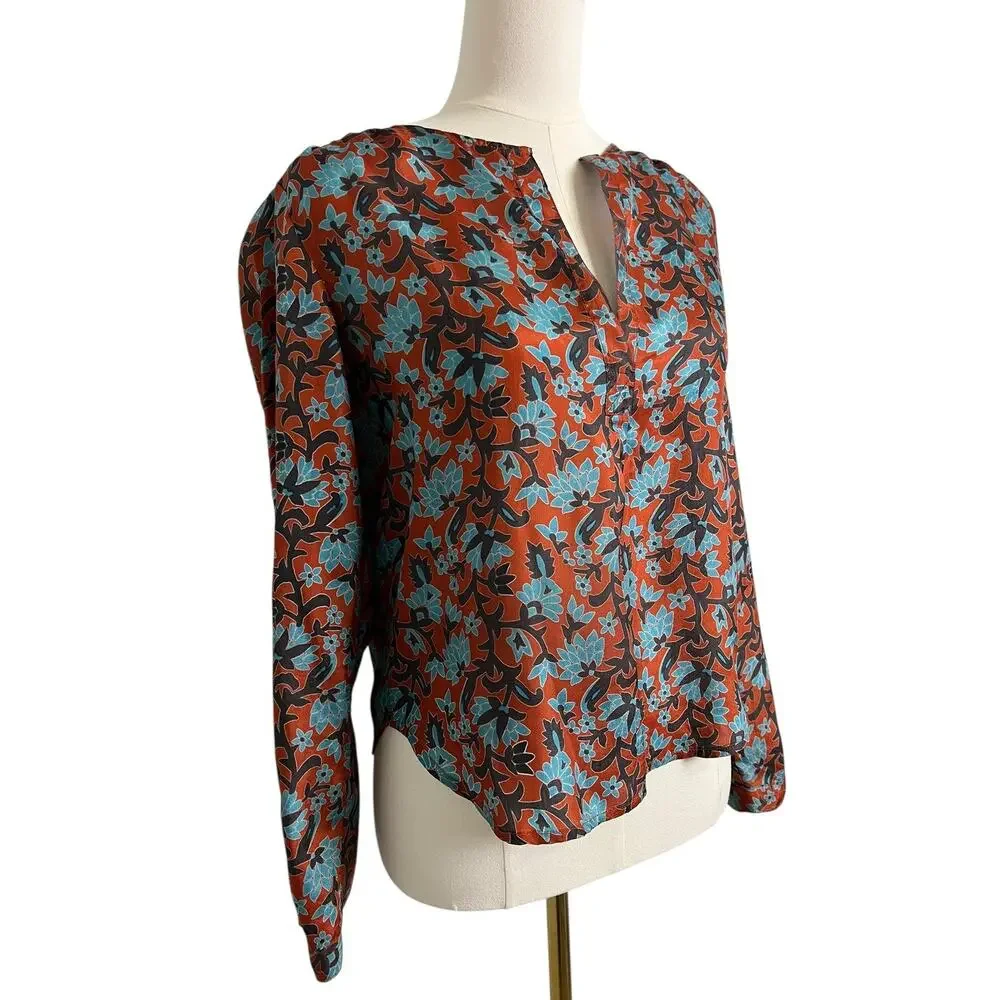 Calypso Christiane Celle Blouse Womens Small Orange Silk Floral V Neck Top